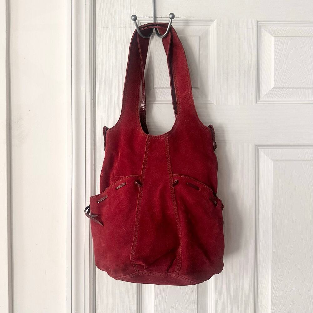 Lucky Brand Deep Red Suede Patent Trim Hobo Long Shoulder Bag Y2K Boho